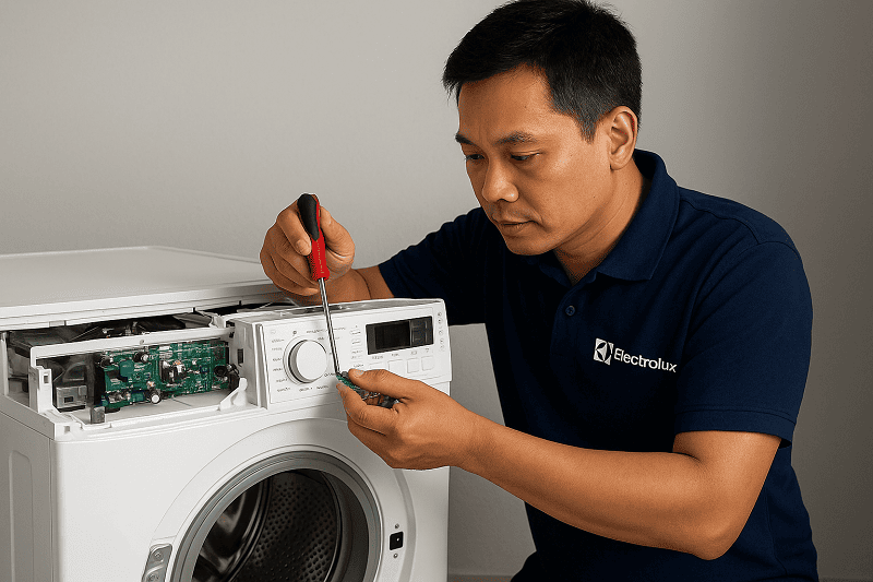Kỹ thuật viên Electrolux mặc áo xanh navy đang thay linh kiện bo mạch máy giặt Electrolux tại nhà khách hàng ở Hà Nội.